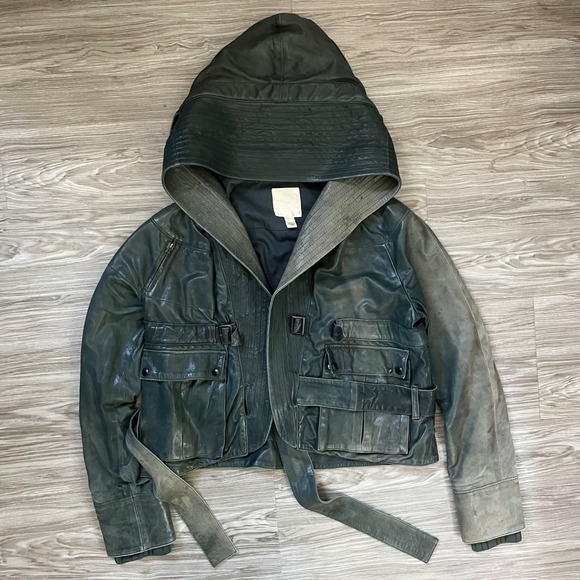 Diesel Jackets & Blazers - Diesel Liquid Space Hooded Leather Jacket Green Distressed Utility Belted Small